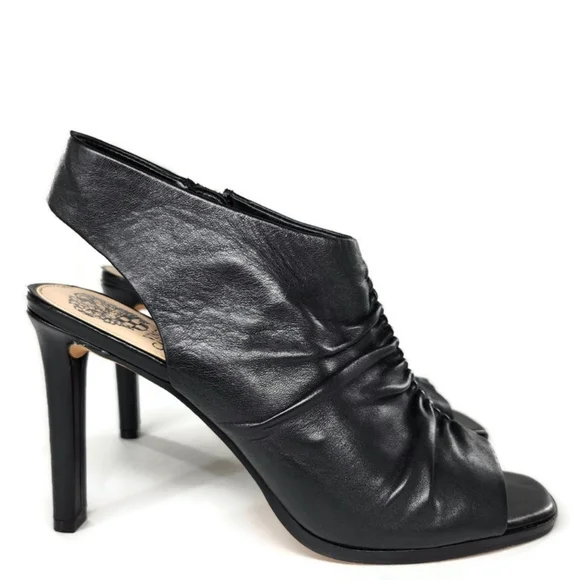 Vince Camuto Jenett Black Leather Rouched Open-Toe Sling-Back High-Heel Sandals - Picture 2 of 11